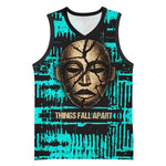 Chinua Achebe Basketball Jersey with Tribal Mask Design, Things Fall Apart Quote and Teal Abstract - African Pride