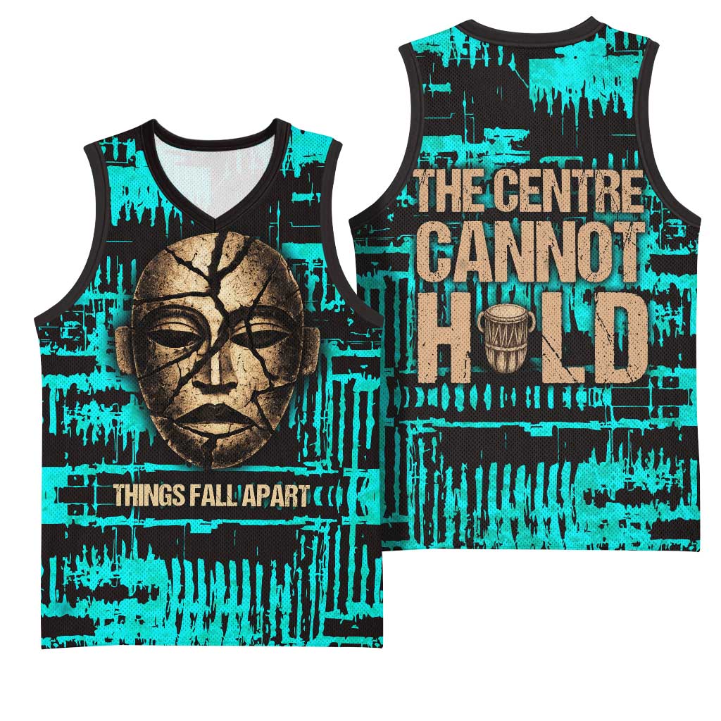Chinua Achebe Basketball Jersey with Tribal Mask Design, Things Fall Apart Quote and Teal Abstract - African Pride