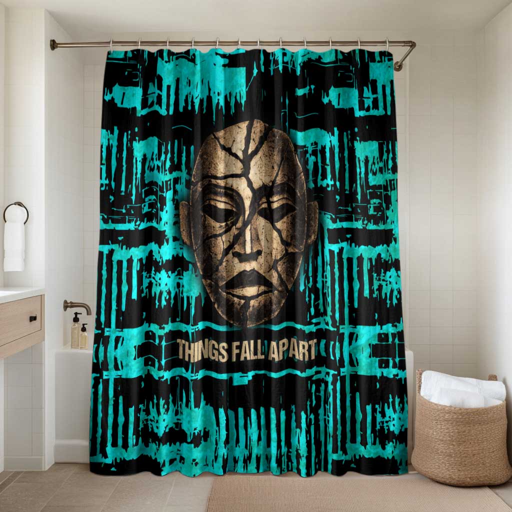 Chinua Achebe Bathroom Set with Tribal Mask Design, Things Fall Apart Quote and Teal Abstract - African Pride
