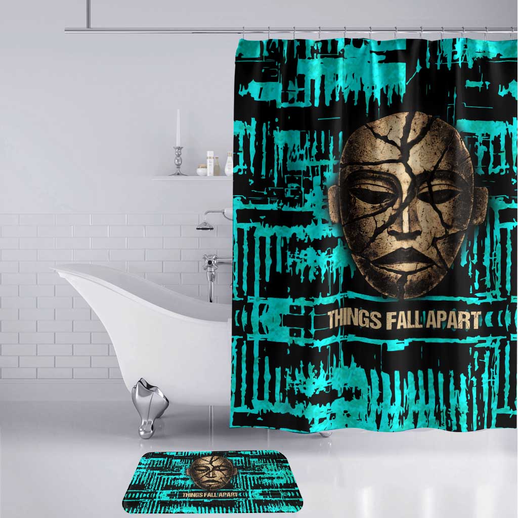 Chinua Achebe Bathroom Set with Tribal Mask Design, Things Fall Apart Quote and Teal Abstract - African Pride
