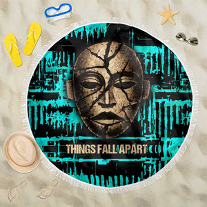 Chinua Achebe Beach Blanket with Tribal Mask Design, Things Fall Apart Quote and Teal Abstract - African Pride