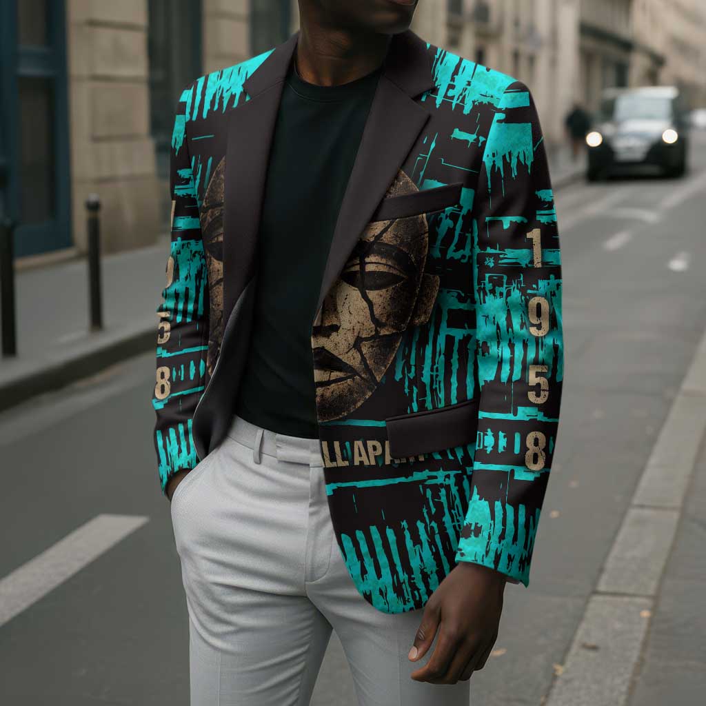 Chinua Achebe Blazer with Tribal Mask Design, Things Fall Apart Quote and Teal Abstract - African Pride