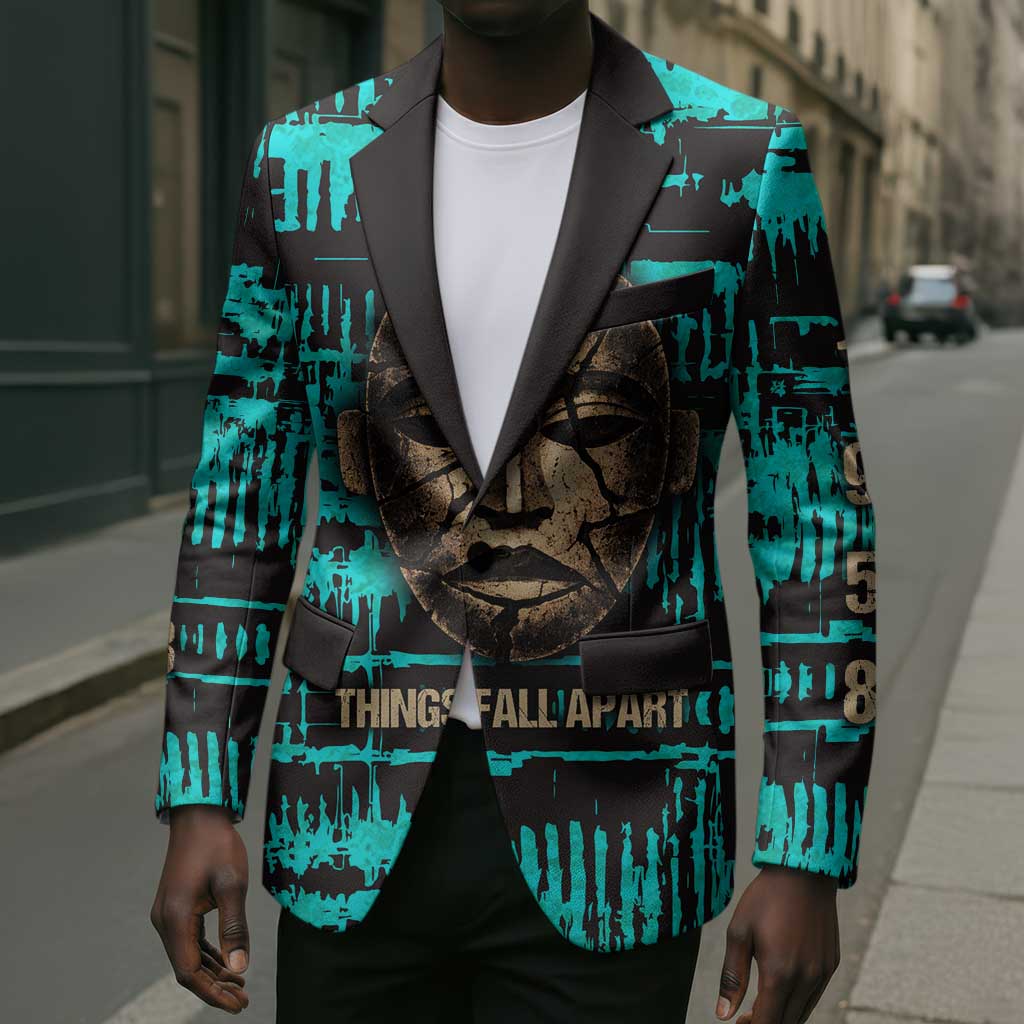 Chinua Achebe Blazer with Tribal Mask Design, Things Fall Apart Quote and Teal Abstract - African Pride