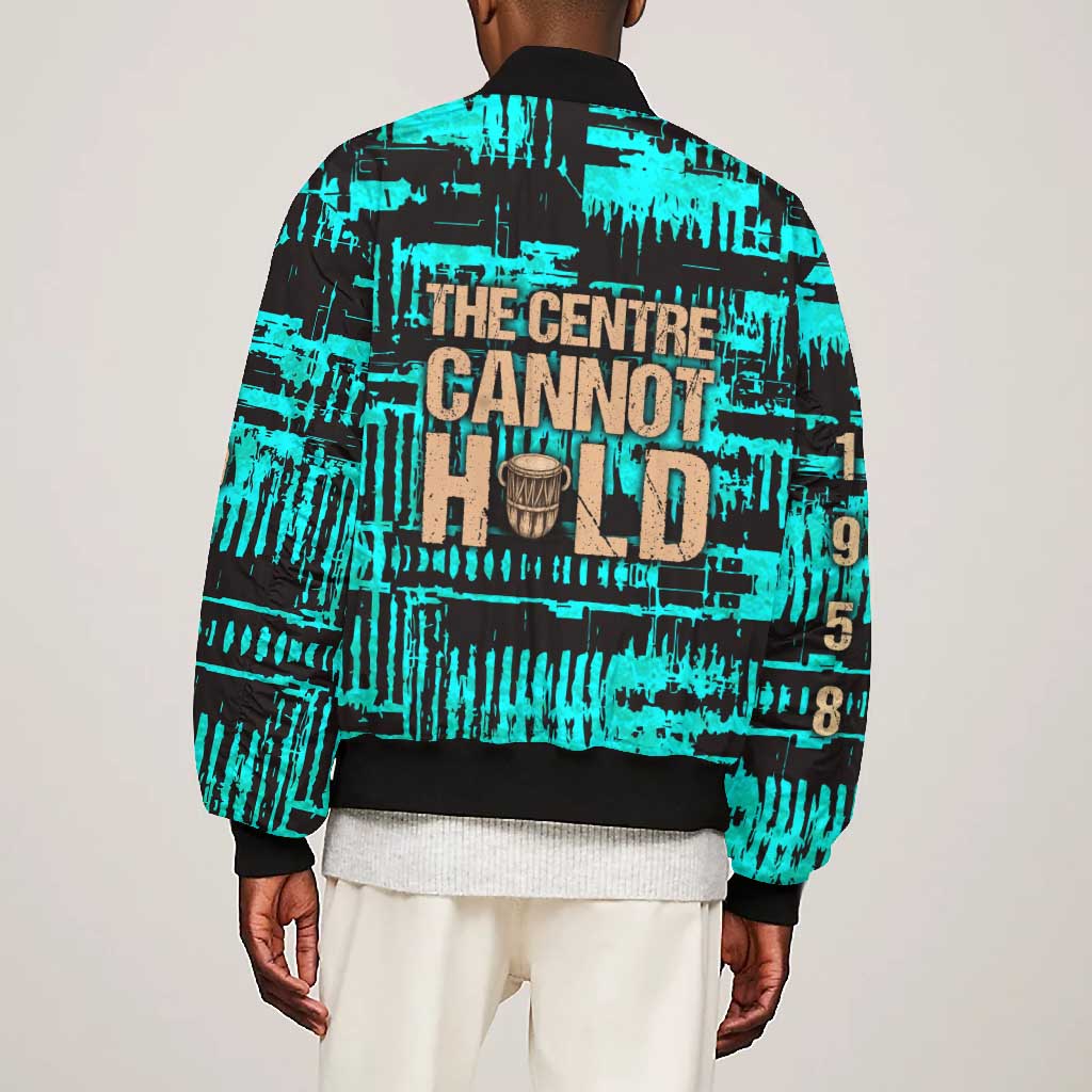 Chinua Achebe Bomber Jacket with Tribal Mask Design, Things Fall Apart Quote and Teal Abstract - African Pride