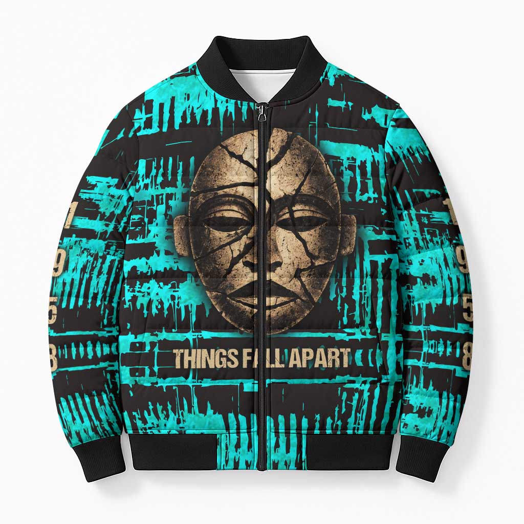 Chinua Achebe Bomber Puffer Jacket with Tribal Mask Design, Things Fall Apart Quote and Teal Abstract - African Pride