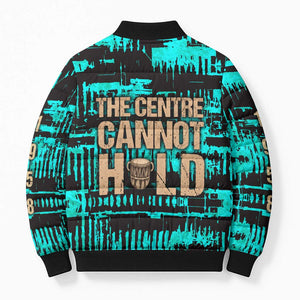 Chinua Achebe Bomber Puffer Jacket with Tribal Mask Design, Things Fall Apart Quote and Teal Abstract - African Pride