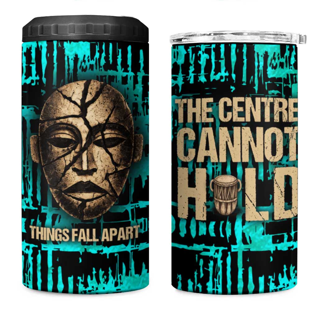 Chinua Achebe 4 in 1 Can Cooler Tumbler with Tribal Mask Design, Things Fall Apart Quote and Teal Abstract - African Pride