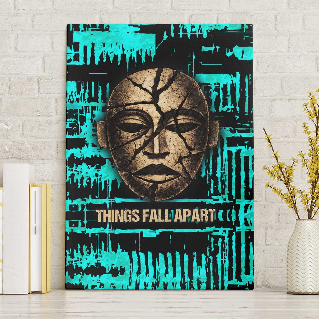 Chinua Achebe Canvas Wall Art with Tribal Mask Design, Things Fall Apart Quote and Teal Abstract - African Pride