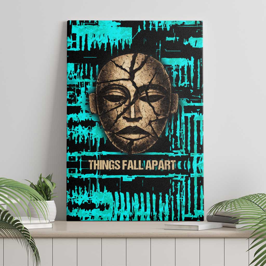 Chinua Achebe Canvas Wall Art with Tribal Mask Design, Things Fall Apart Quote and Teal Abstract - African Pride