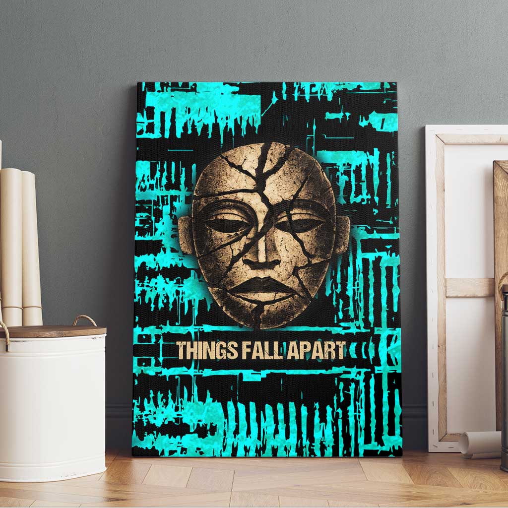 Chinua Achebe Canvas Wall Art with Tribal Mask Design, Things Fall Apart Quote and Teal Abstract - African Pride