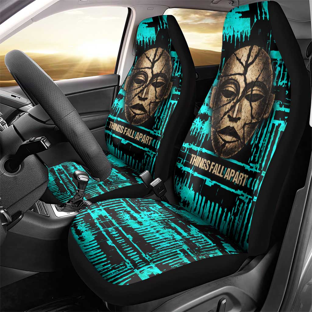 Chinua Achebe Car Seat Cover with Tribal Mask Design, Things Fall Apart Quote and Teal Abstract - African Pride