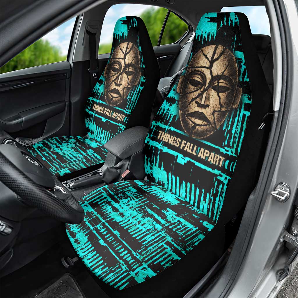 Chinua Achebe Car Seat Cover with Tribal Mask Design, Things Fall Apart Quote and Teal Abstract - African Pride