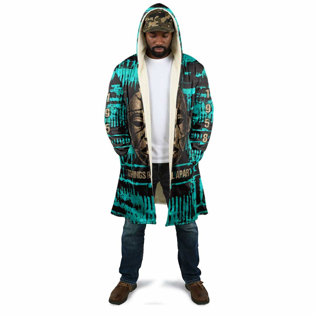 Chinua Achebe Cloak with Tribal Mask Design, Things Fall Apart Quote and Teal Abstract - African Pride