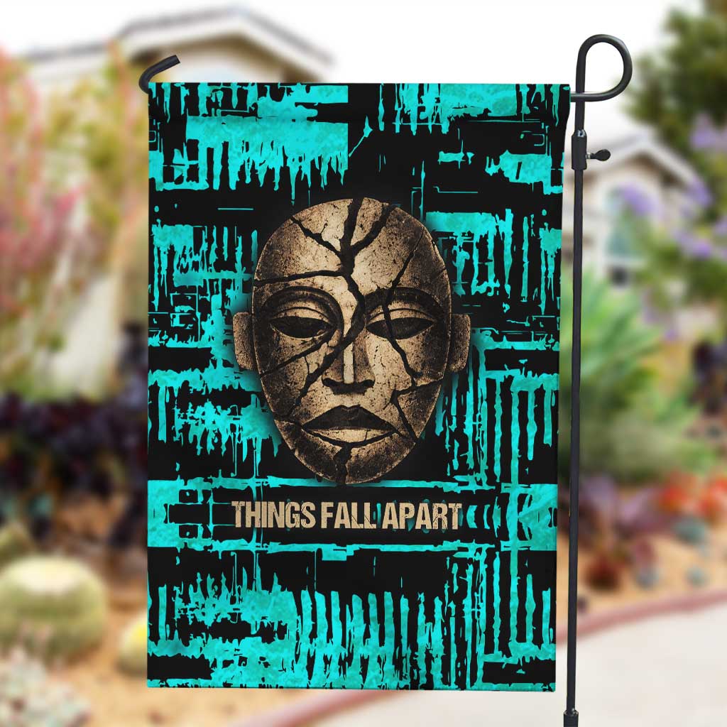 Chinua Achebe Garden Flag with Tribal Mask Design, Things Fall Apart Quote and Teal Abstract - African Pride