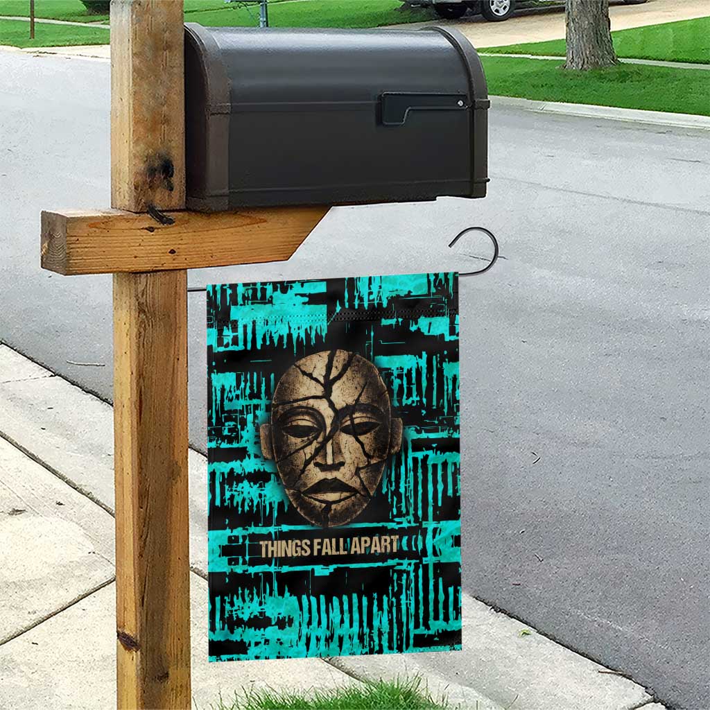 Chinua Achebe Garden Flag with Tribal Mask Design, Things Fall Apart Quote and Teal Abstract - African Pride