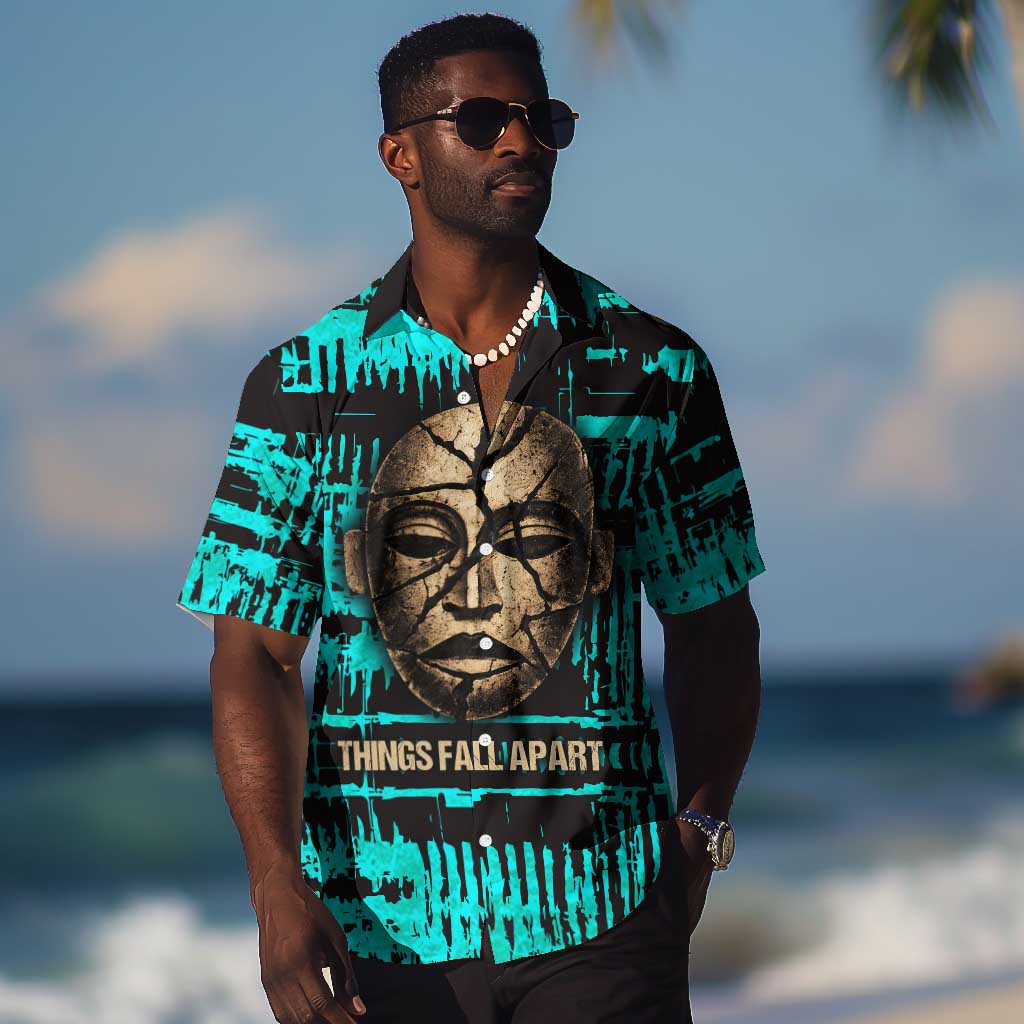 Chinua Achebe Hawaiian Shirt with Tribal Mask Design, Things Fall Apart Quote and Teal Abstract - African Pride