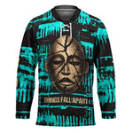 Chinua Achebe Hockey Jersey with Tribal Mask Design, Things Fall Apart Quote and Teal Abstract - African Pride