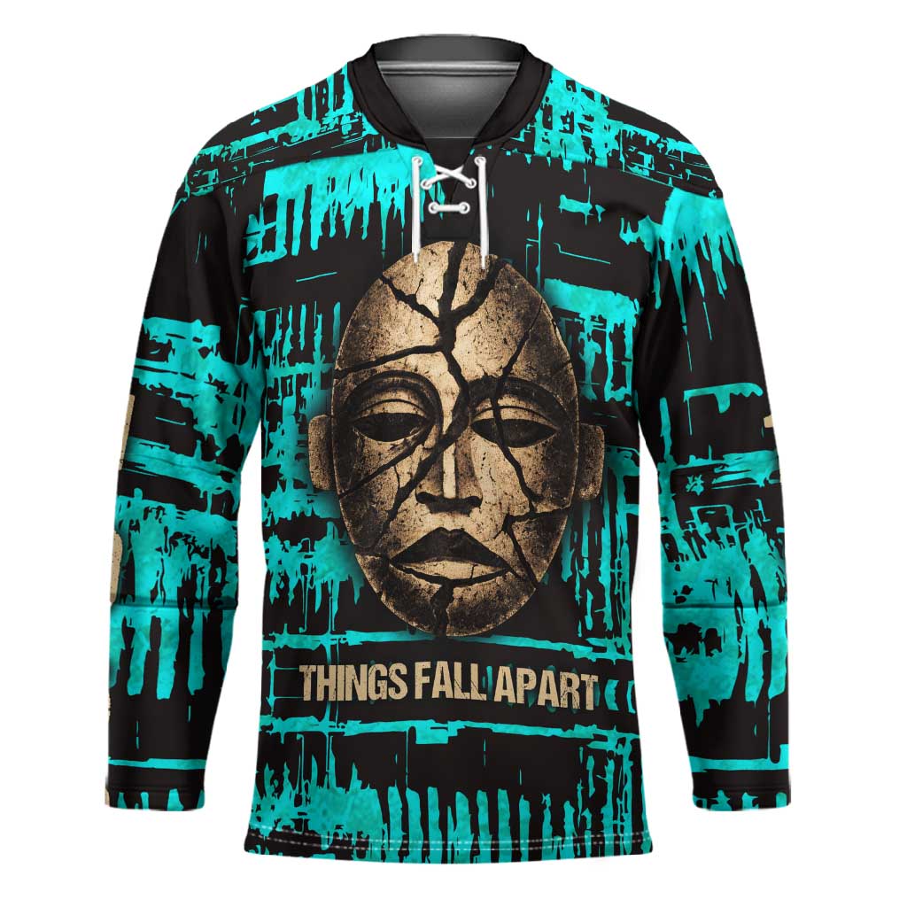 Chinua Achebe Hockey Jersey with Tribal Mask Design, Things Fall Apart Quote and Teal Abstract - African Pride