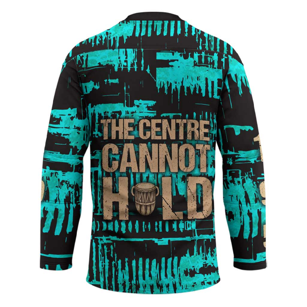 Chinua Achebe Hockey Jersey with Tribal Mask Design, Things Fall Apart Quote and Teal Abstract - African Pride