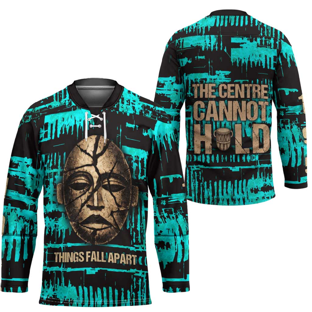 Chinua Achebe Hockey Jersey with Tribal Mask Design, Things Fall Apart Quote and Teal Abstract - African Pride