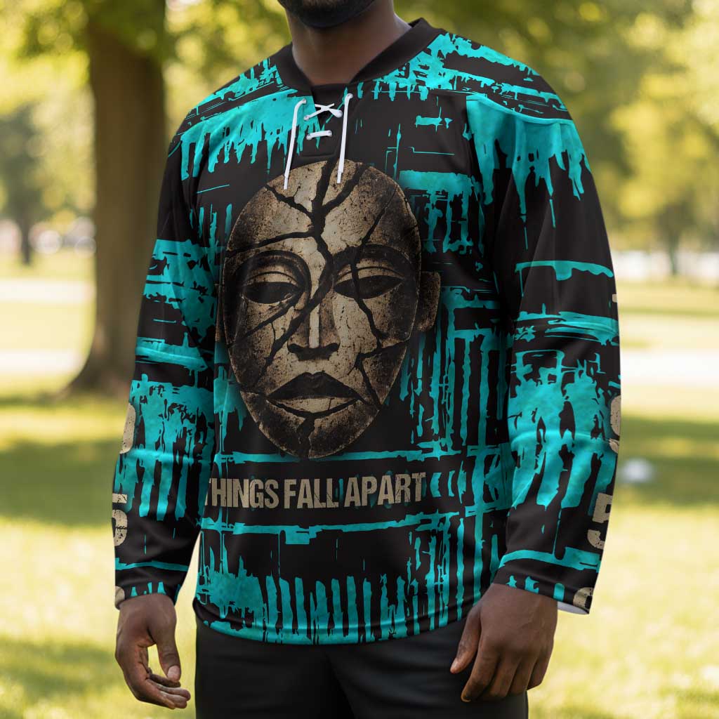 Chinua Achebe Hockey Jersey with Tribal Mask Design, Things Fall Apart Quote and Teal Abstract - African Pride