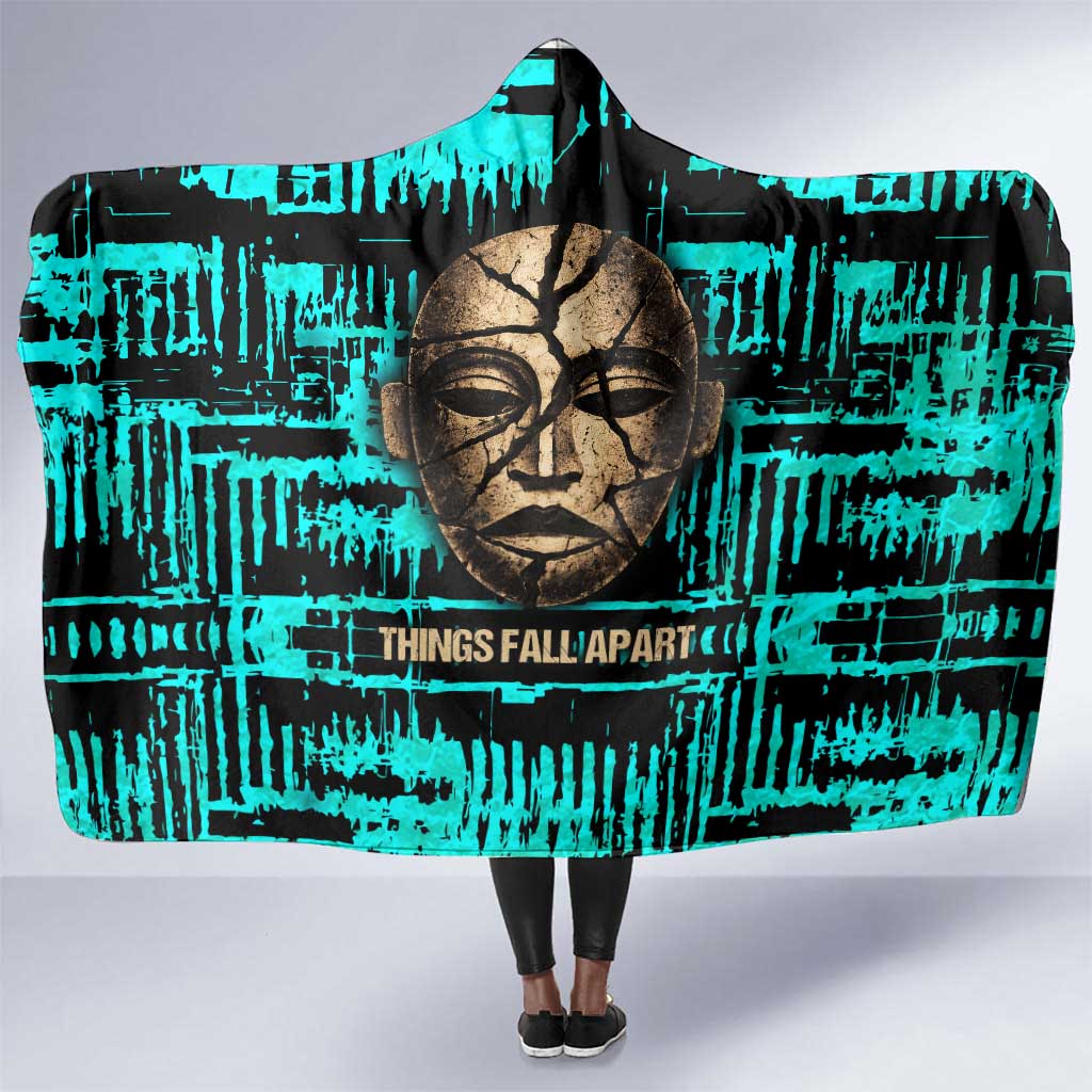 Chinua Achebe Hooded Blanket with Tribal Mask Design, Things Fall Apart Quote and Teal Abstract - African Pride