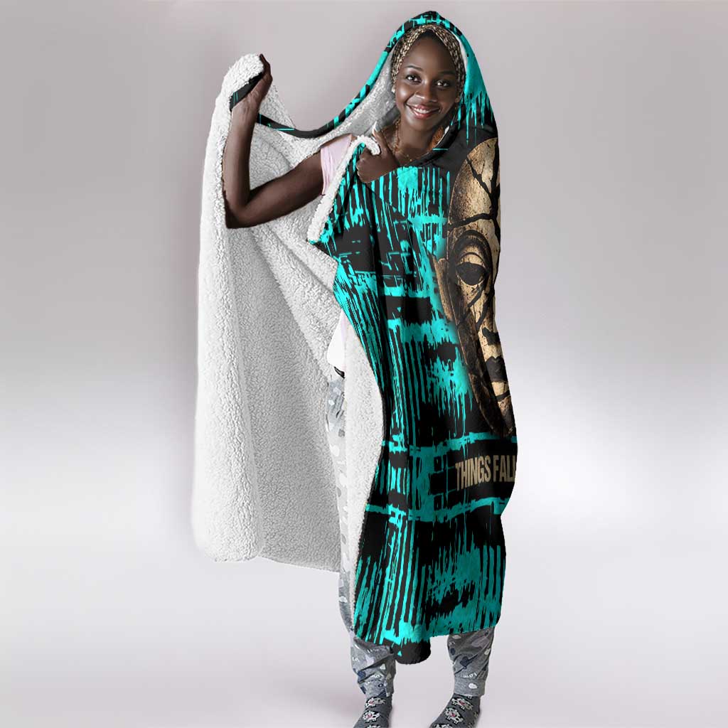 Chinua Achebe Hooded Blanket with Tribal Mask Design, Things Fall Apart Quote and Teal Abstract - African Pride