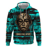 Chinua Achebe Hoodie with Tribal Mask Design, Things Fall Apart Quote and Teal Abstract - African Pride