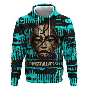 Chinua Achebe Hoodie with Tribal Mask Design, Things Fall Apart Quote and Teal Abstract - African Pride
