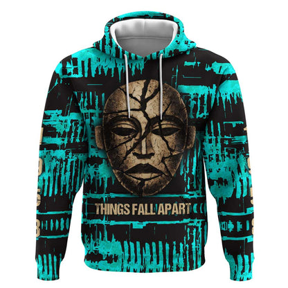 Chinua Achebe Hoodie with Tribal Mask Design, Things Fall Apart Quote and Teal Abstract - African Pride