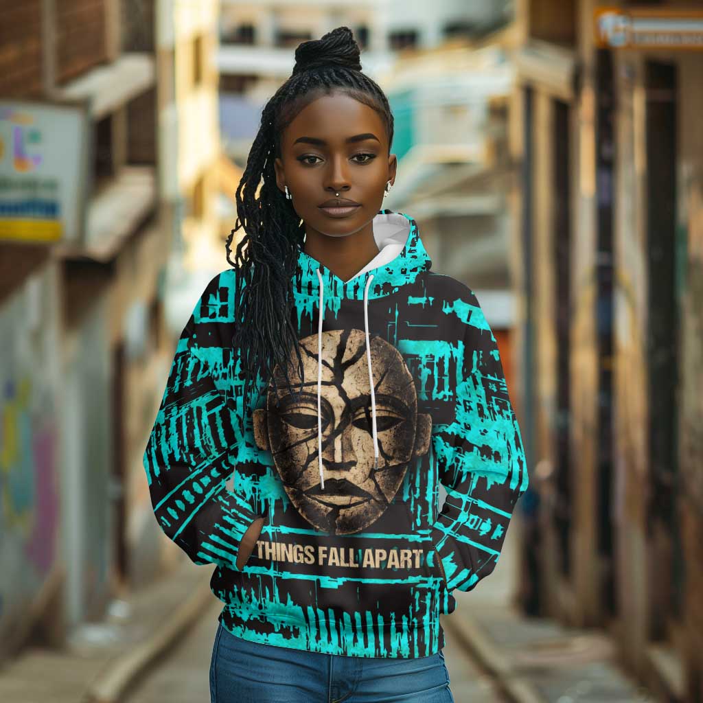 Chinua Achebe Hoodie with Tribal Mask Design, Things Fall Apart Quote and Teal Abstract - African Pride