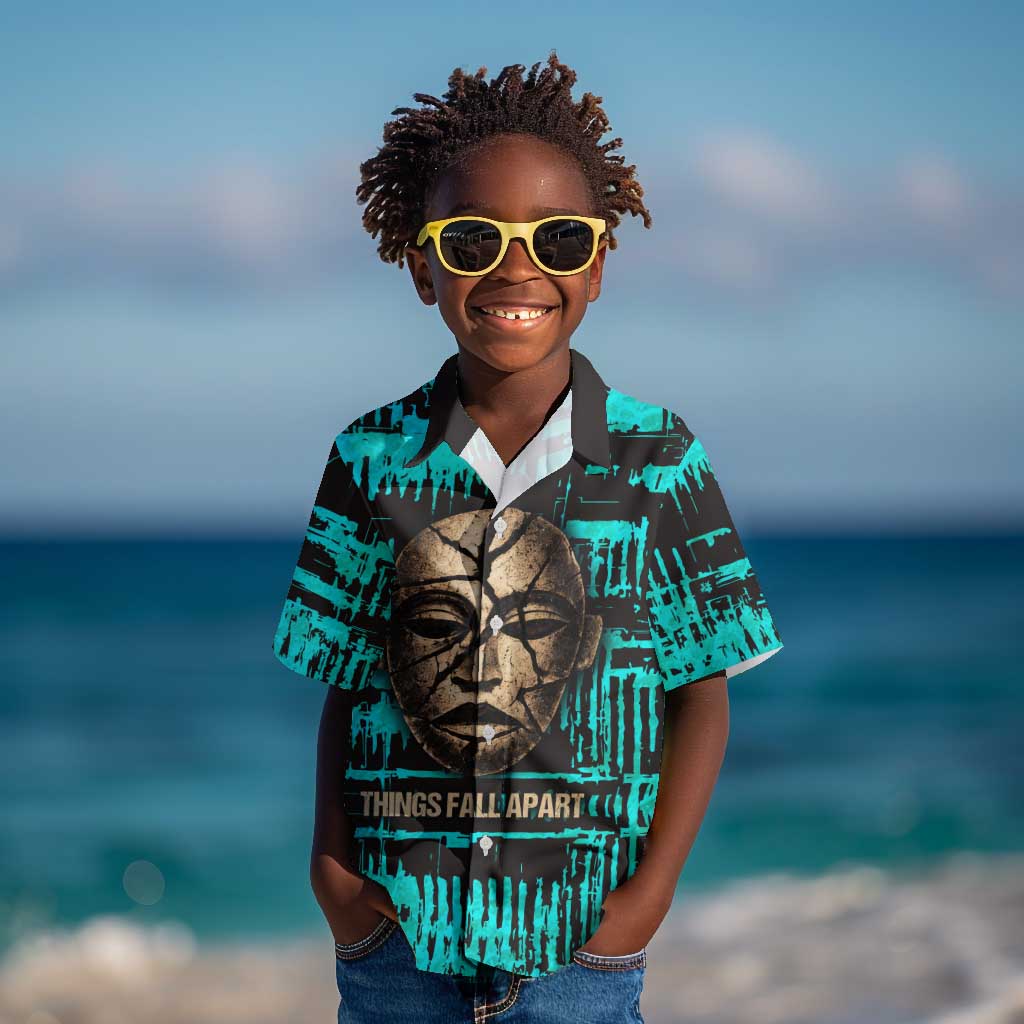 Chinua Achebe Kid Hawaiian Shirt with Tribal Mask Design, Things Fall Apart Quote and Teal Abstract - African Pride
