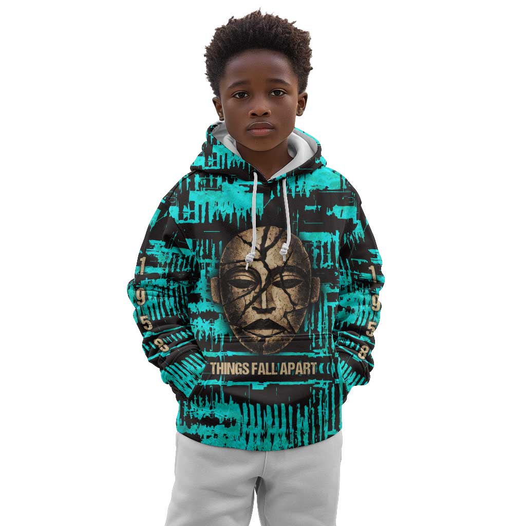 Chinua Achebe Kid Hoodie with Tribal Mask Design, Things Fall Apart Quote and Teal Abstract - African Pride