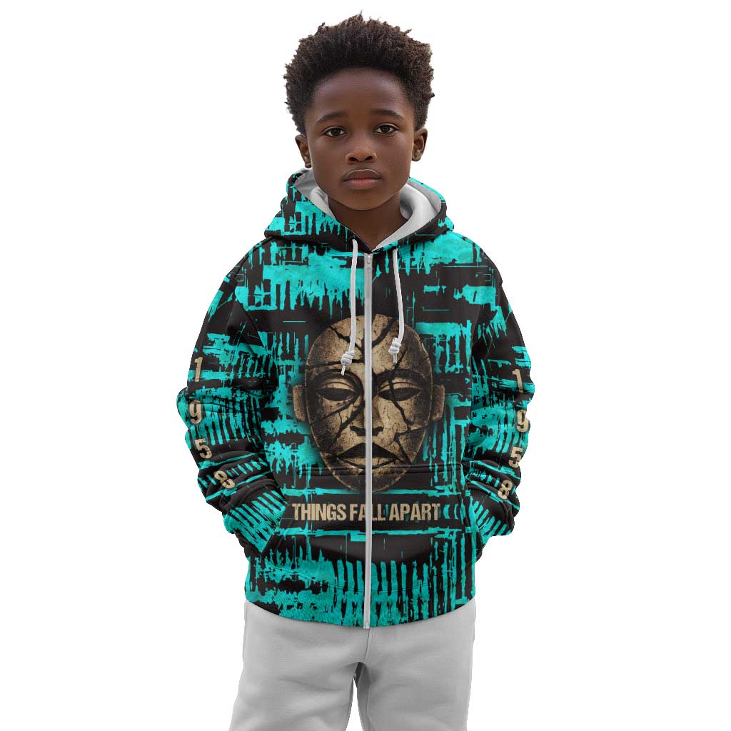 Chinua Achebe Kid Hoodie with Tribal Mask Design, Things Fall Apart Quote and Teal Abstract - African Pride