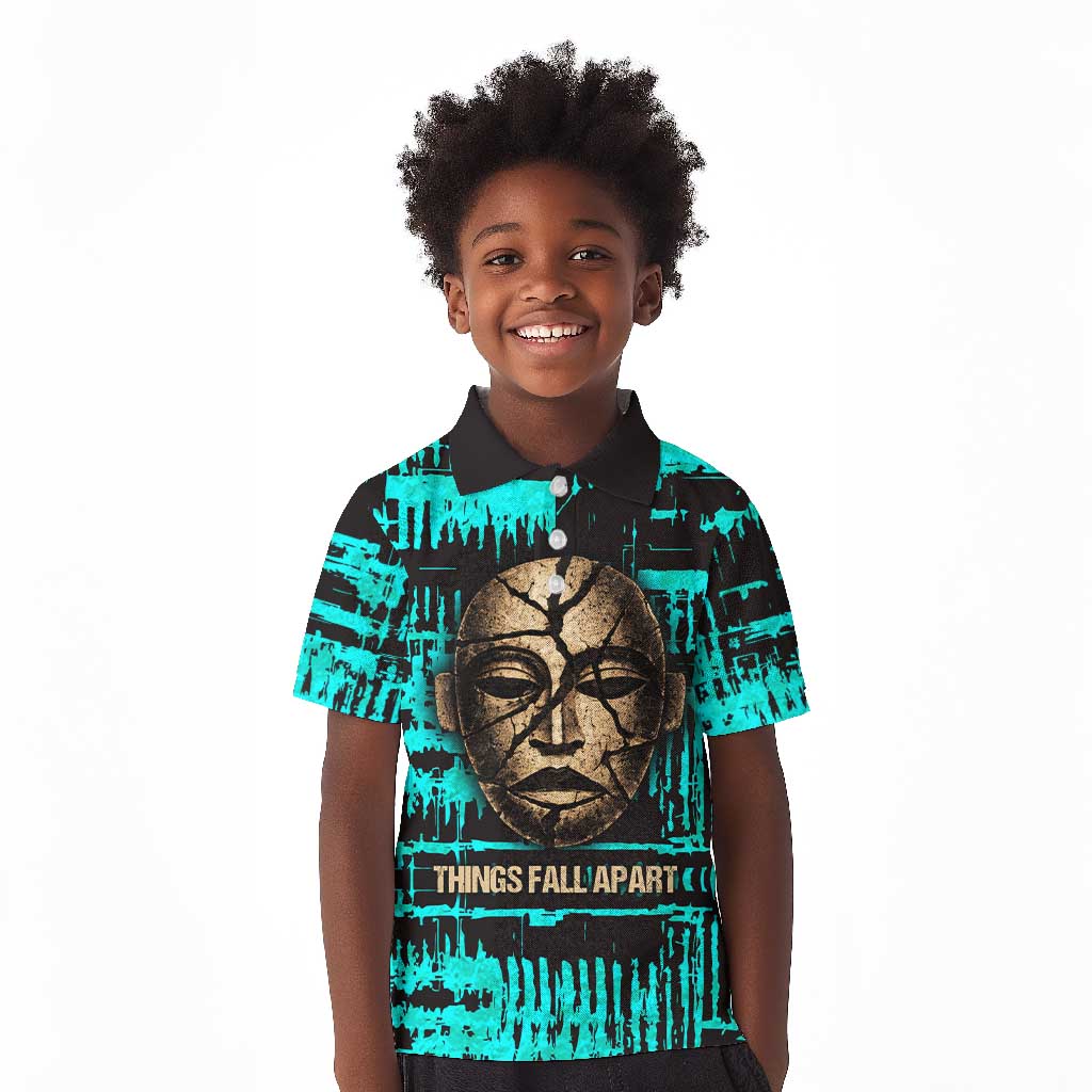 Chinua Achebe Kid Polo Shirt with Tribal Mask Design, Things Fall Apart Quote and Teal Abstract - African Pride