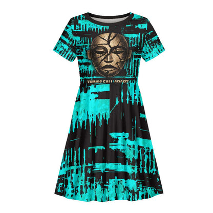Chinua Achebe Kid Short Sleeve Dress with Tribal Mask Design, Things Fall Apart Quote and Teal Abstract - African Pride