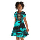 Chinua Achebe Kid Short Sleeve Dress with Tribal Mask Design, Things Fall Apart Quote and Teal Abstract - African Pride