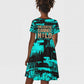 Chinua Achebe Kid Short Sleeve Dress with Tribal Mask Design, Things Fall Apart Quote and Teal Abstract - African Pride