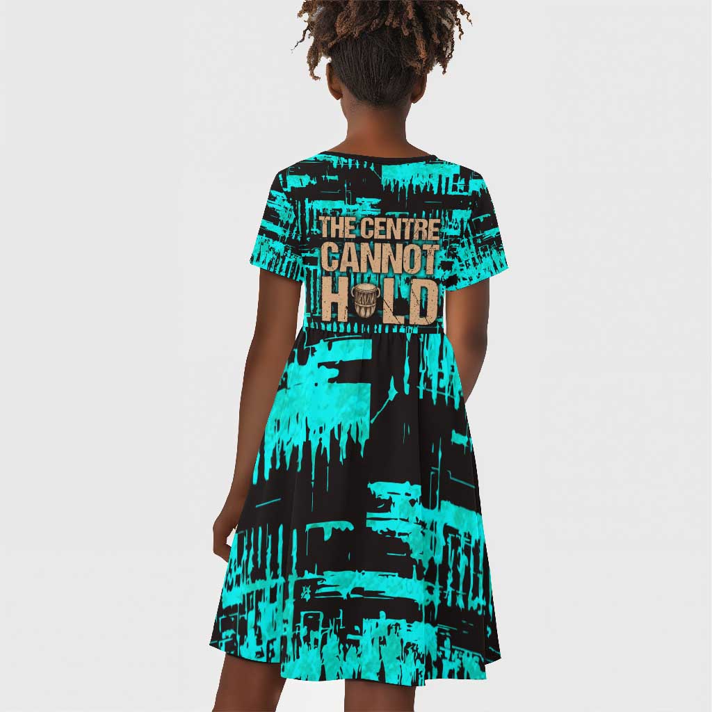 Chinua Achebe Kid Short Sleeve Dress with Tribal Mask Design, Things Fall Apart Quote and Teal Abstract - African Pride