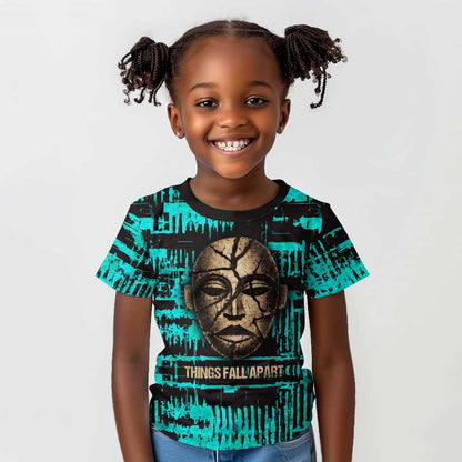Chinua Achebe Kid T shirt with Tribal Mask Design, Things Fall Apart Quote and Teal Abstract - African Pride