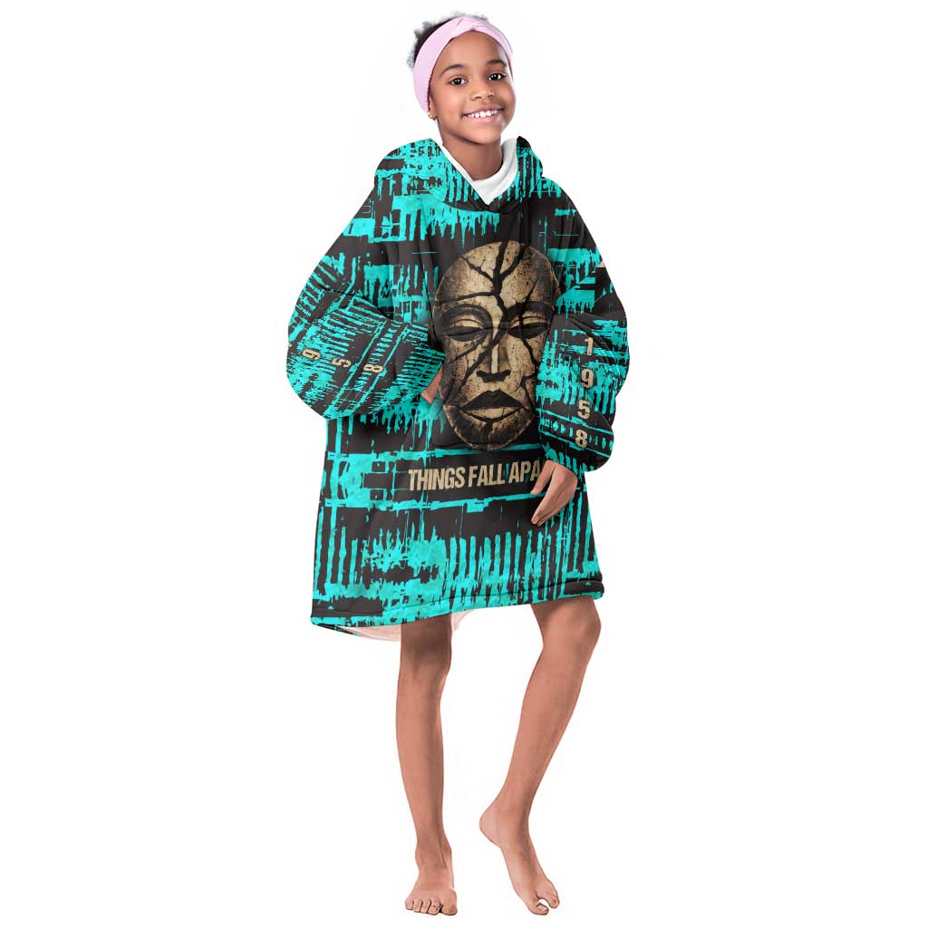 Chinua Achebe Kid Wearable Blanket Hoodie with Tribal Mask Design, Things Fall Apart Quote and Teal Abstract - African Pride
