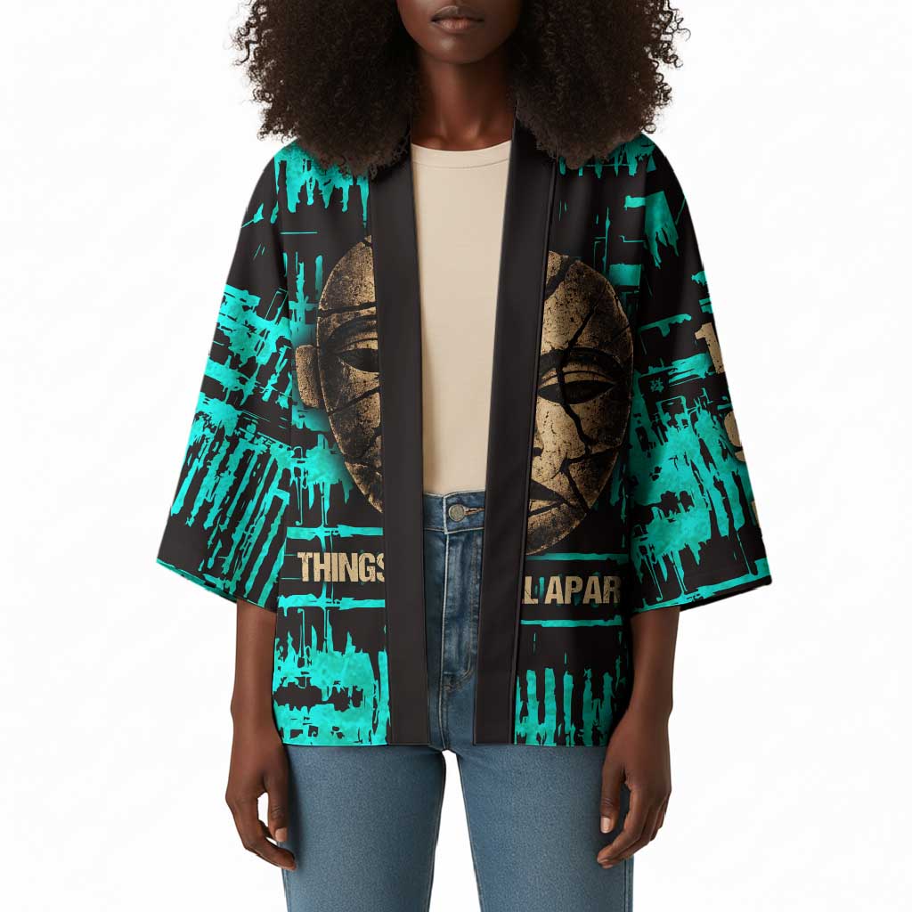Chinua Achebe Kimono with Tribal Mask Design, Things Fall Apart Quote and Teal Abstract - African Pride