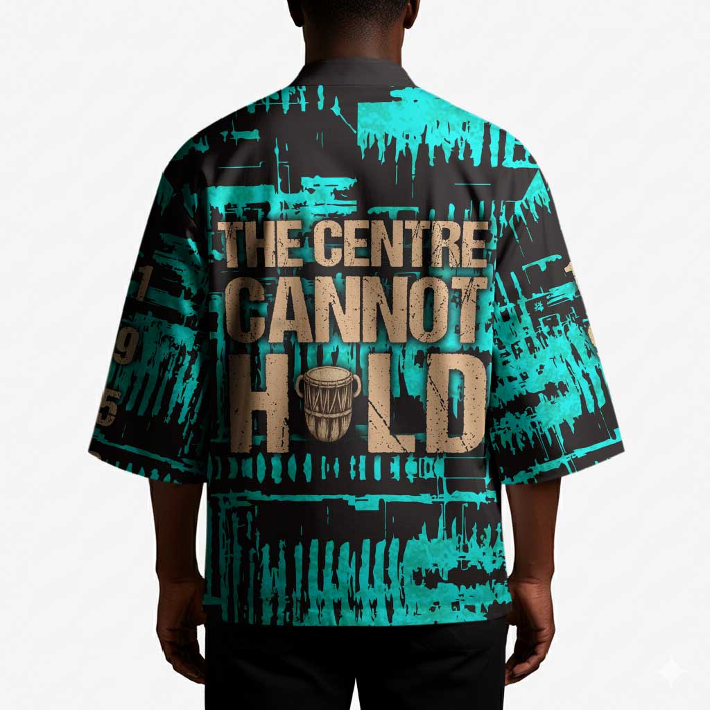 Chinua Achebe Kimono with Tribal Mask Design, Things Fall Apart Quote and Teal Abstract - African Pride