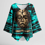 Chinua Achebe Kimono Sleeve Blouse with Tribal Mask Design, Things Fall Apart Quote and Teal Abstract - African Pride