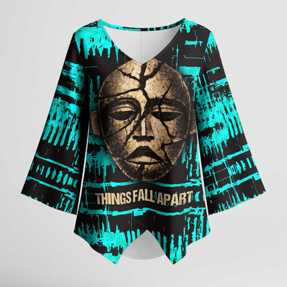 Chinua Achebe Kimono Sleeve Blouse with Tribal Mask Design, Things Fall Apart Quote and Teal Abstract - African Pride