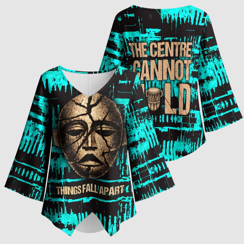 Chinua Achebe Kimono Sleeve Blouse with Tribal Mask Design, Things Fall Apart Quote and Teal Abstract - African Pride