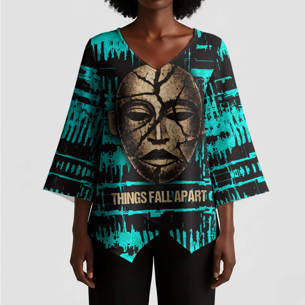 Chinua Achebe Kimono Sleeve Blouse with Tribal Mask Design, Things Fall Apart Quote and Teal Abstract - African Pride
