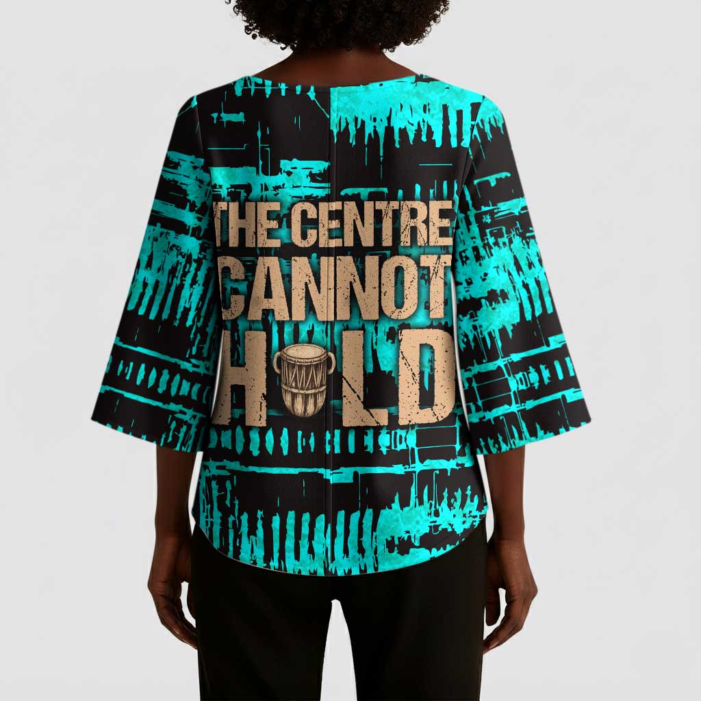 Chinua Achebe Kimono Sleeve Blouse with Tribal Mask Design, Things Fall Apart Quote and Teal Abstract - African Pride