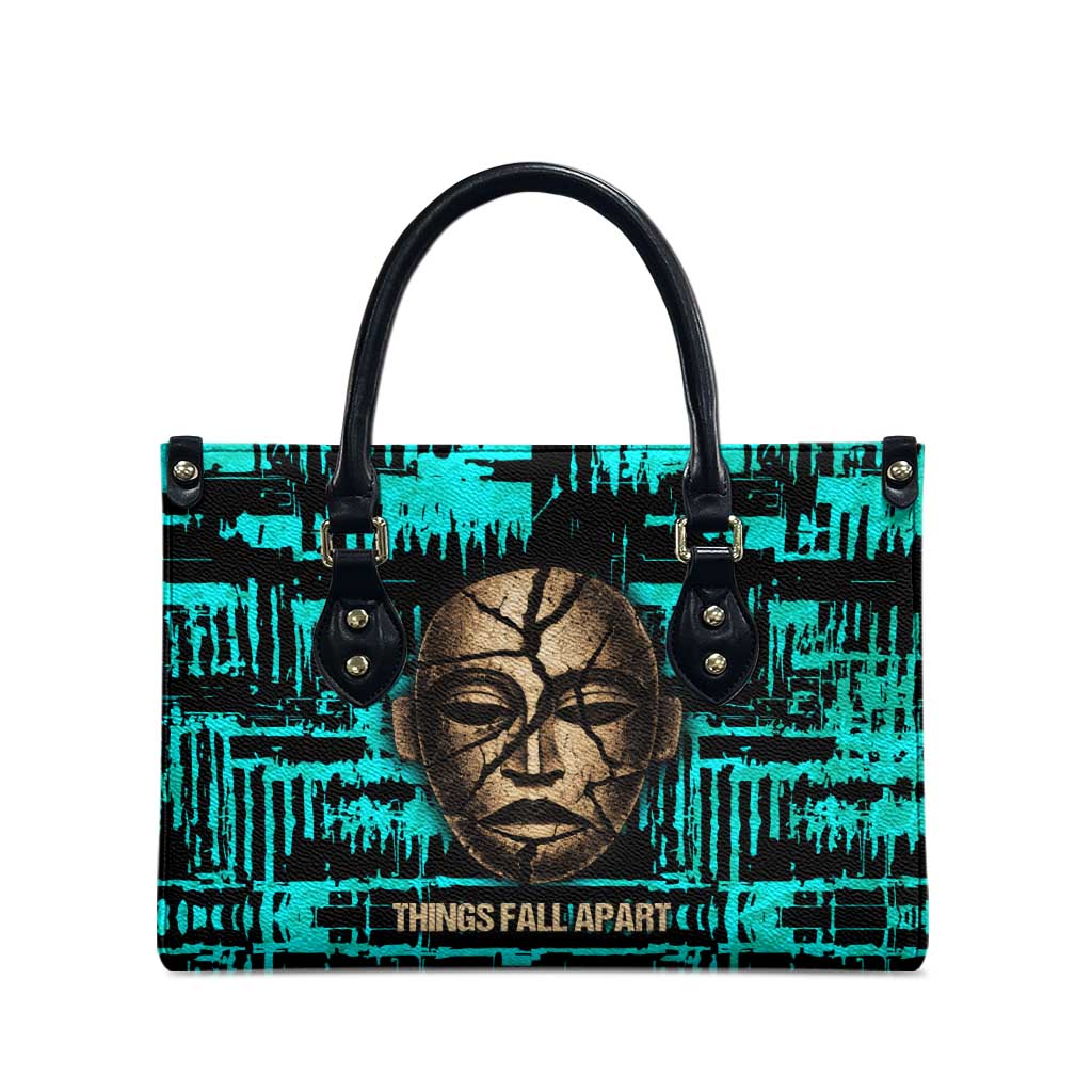 Chinua Achebe Leather Bag with Tribal Mask Design, Things Fall Apart Quote and Teal Abstract - African Pride