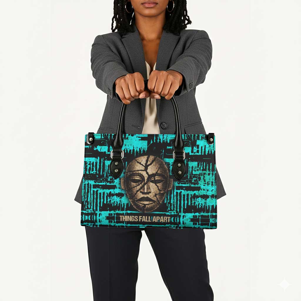 Chinua Achebe Leather Bag with Tribal Mask Design, Things Fall Apart Quote and Teal Abstract - African Pride